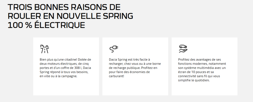 Descriptif en français de la Dacia Spring publié sur Renault.ch