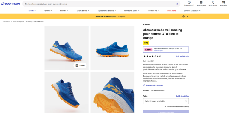 Capture d'écran d'une page produit pour une chaussure de running Decathlon