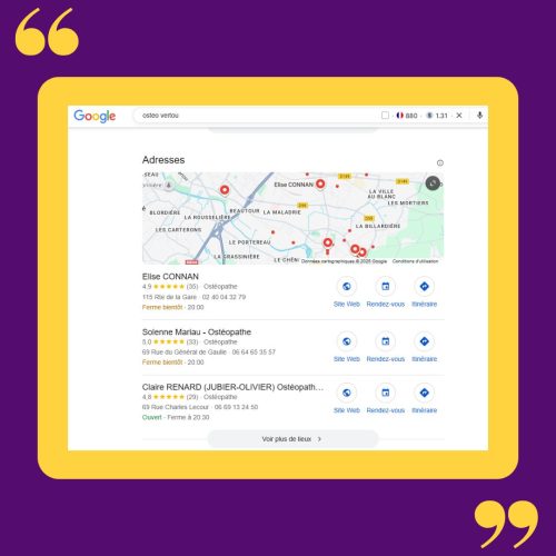 Fiche_etablissement_google_optimisee La fiche Google Business Profile d'Élise Connan se place en première position après optimisation